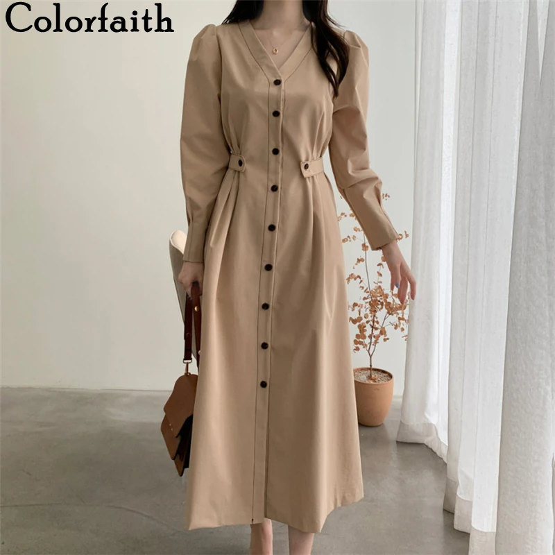 

Colorfaith New 2022 Women Shirt Dresses Spring Summer Elegant Lady Vintage Puff Sleeve Korean Fashion Chic Long Dresses DR7674