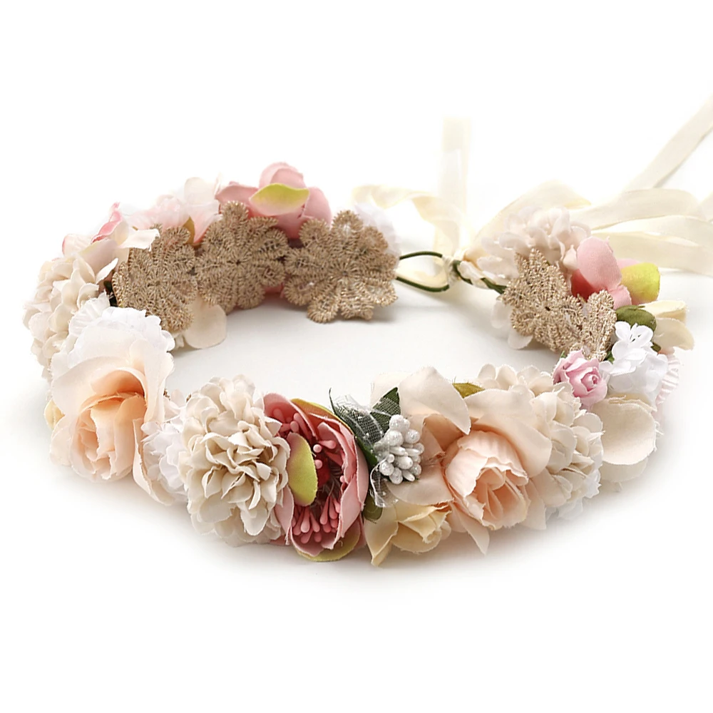 Розовая Цветочная корона для волос свадебная повязка на голову лента-гирлянда