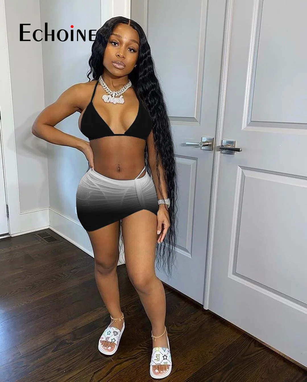 Купальник бикини женский градиентный с коротким топом и мини юбкой|Купальники| |