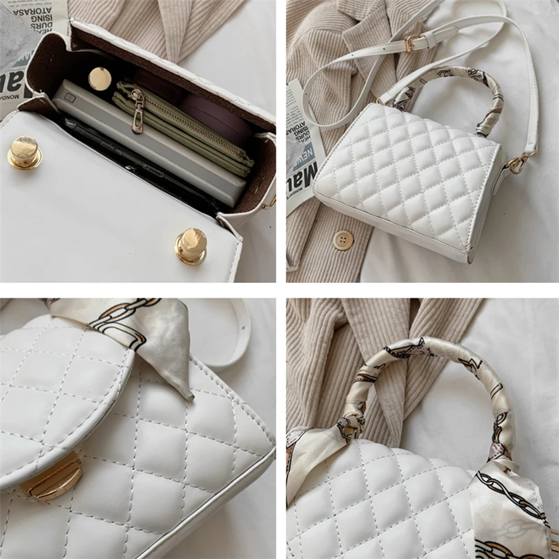 

Stylish Scarves Design Quilted Mini Hand Bags For Women Simple Push Lock Tote High Quaity PU Leather Shoulder Crossbody Bag 2021