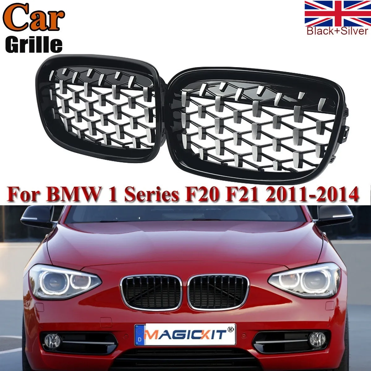 

MagicKit Diamond Style Front Grill Grilles Balck+Silver For BMW 1 Series F20 2011-2014