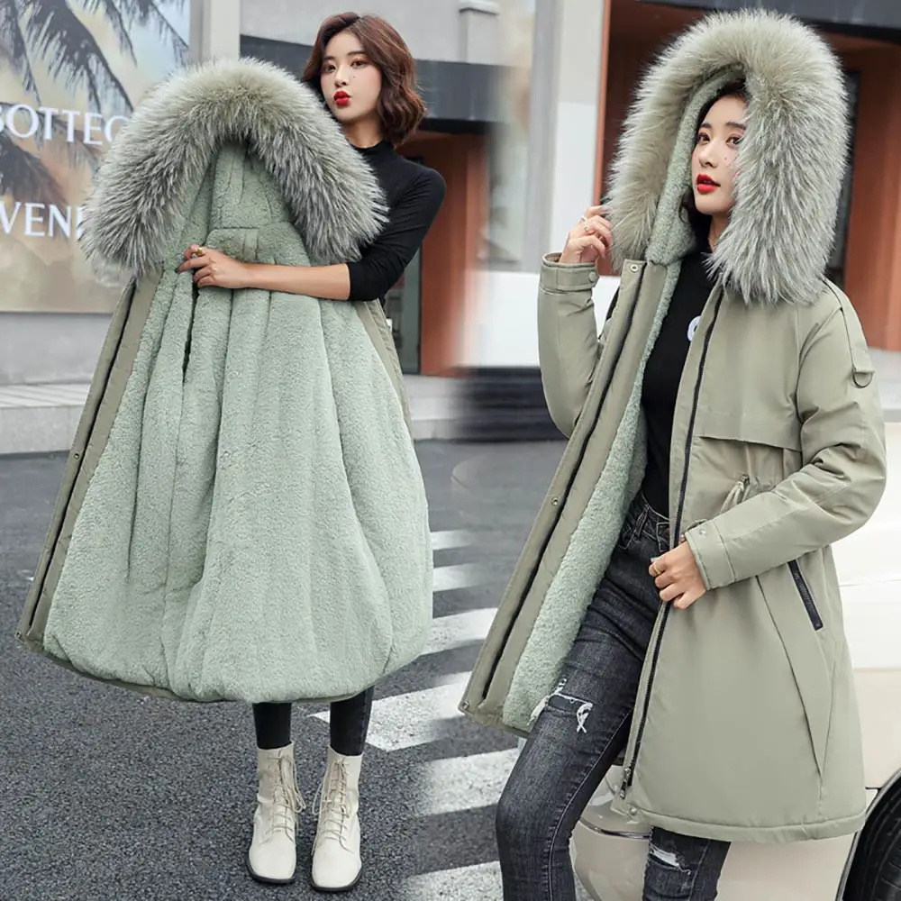 GRELLER Fashionable Solid Warm Thick Fleece Hooded Winter Jacket Women 2021 New Fur Liner Parka Female Winter Long Coat Women