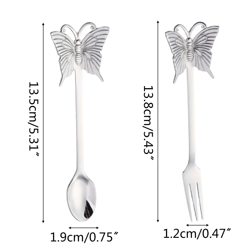 

27RF 6pcs Stainless Steel Butterfly Coffee Spoon Fork Soup Sugar Dessert Teaspoons Mixing Stirrer