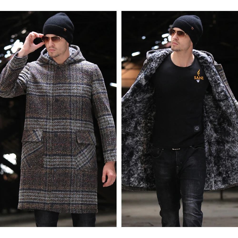 Мужская длинная Шуба с капюшоном SANI коричневая теплая шуба из натурального меха