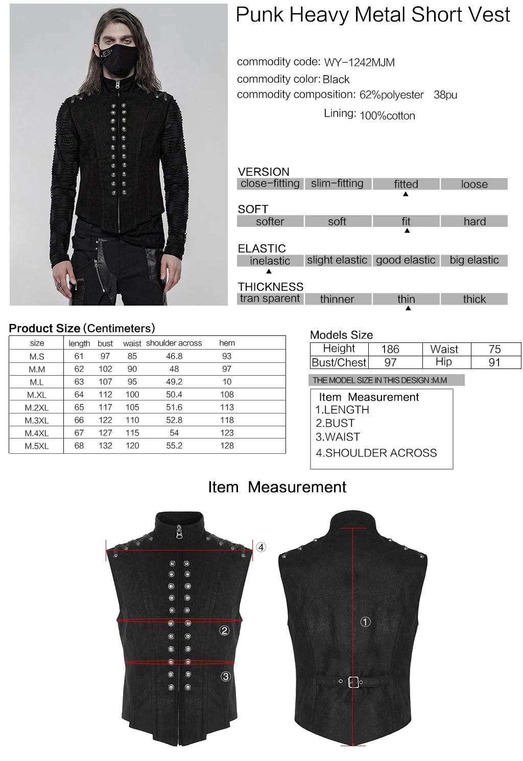 

PUNKRAVE Men's Heavy Metal Punk Short Vest Military Uniform Handsome Slim Fit Casual Waistcoat