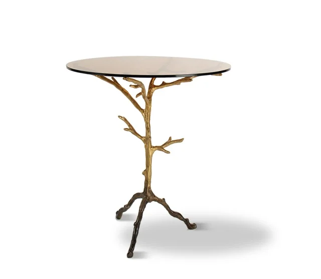 

61cm High Coffee Table with Brass Metal Branches Support / 55cm Round Small Side Table with Glass Top