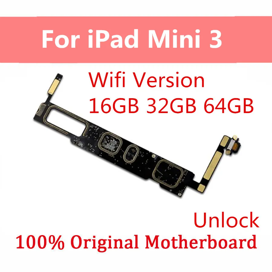 Original Unlocked Motherboard For iPad MIni 3 Wifi Version Mini Without Touch ID Logic Board 16G 64G 128G Mainboard | Мобильные