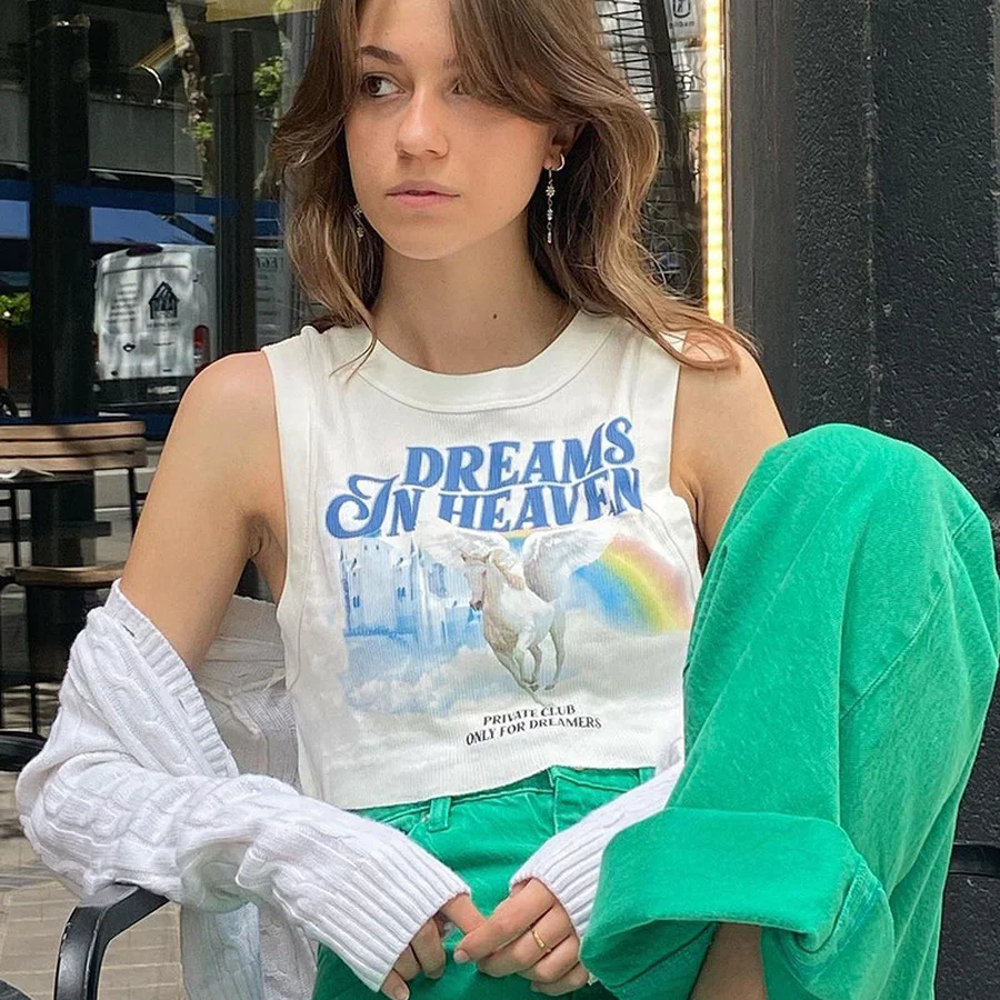 

2021 Hot Sale Summer O Neck Basic Tank Tops Casual Sleeveless Print Ribber Off Shoulder White Fashion Vintage Sexy Y2K Crop Top