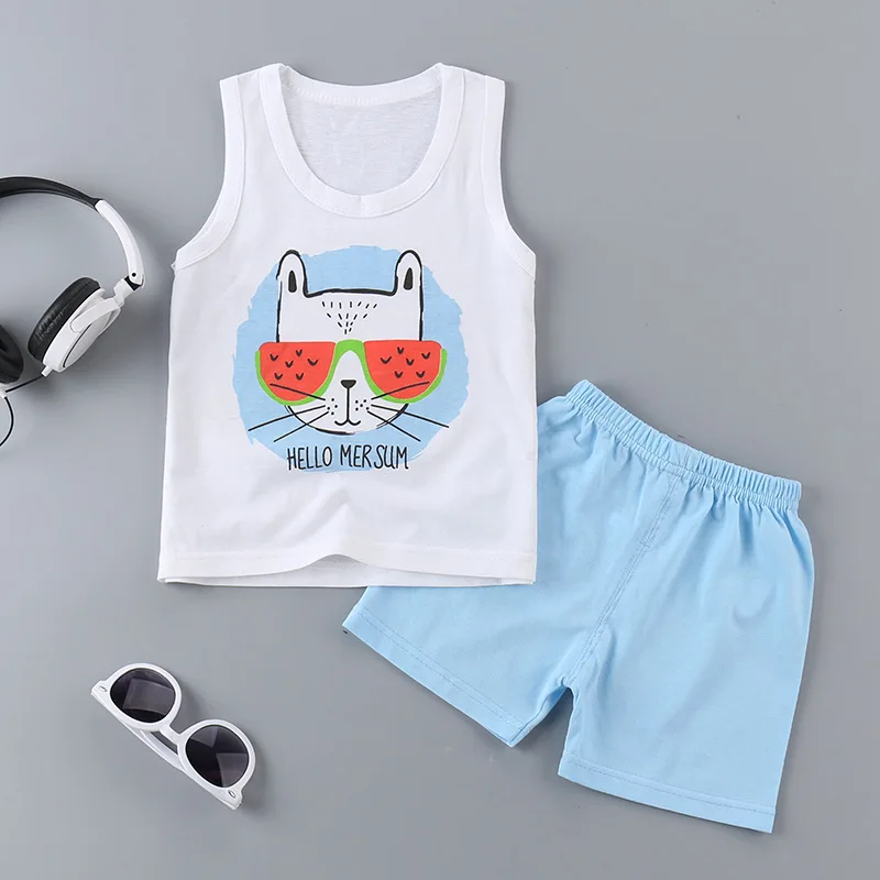 Summer Kids Boys Girls Clothes Set Pure Cotton Vest Sleeveless Tops+Shorts Sets Children Boy Waistcoats 2Pcs Cartoon Vests Suits | Детская