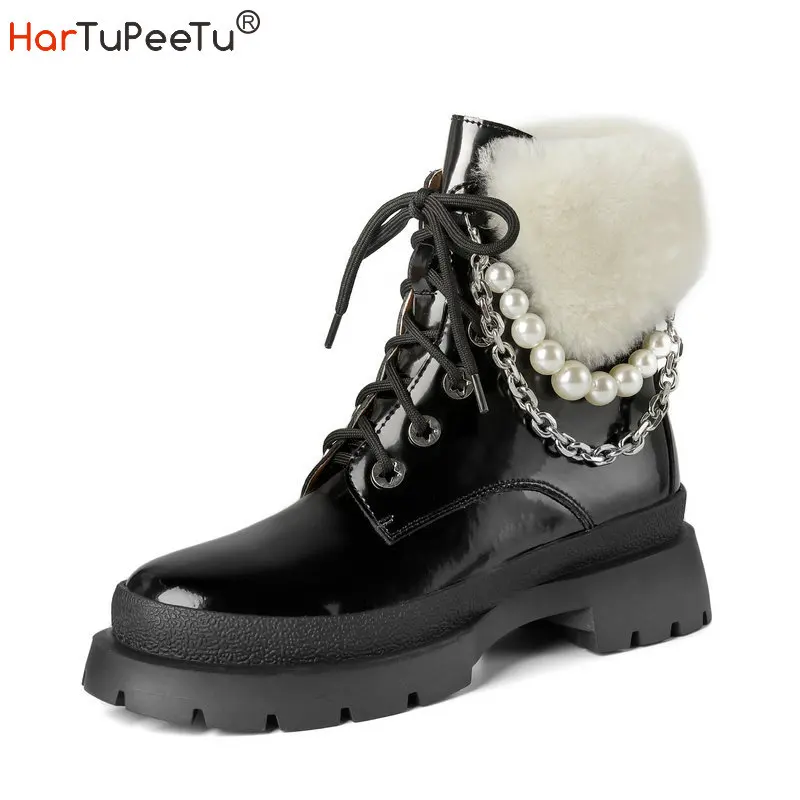 

Winter Genuine Leather Martin Boots Women Warm Thick Shearling Snow Booties Blend Lamb Fur Chain Insulated Snow Platform Shoes