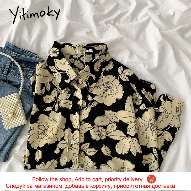 

Yitimoky Women Shirts Button Up Korean Fashion Long Sleeve Blouse Turn-down Collar Casual Print Spring Summer 2021 Clothing tops