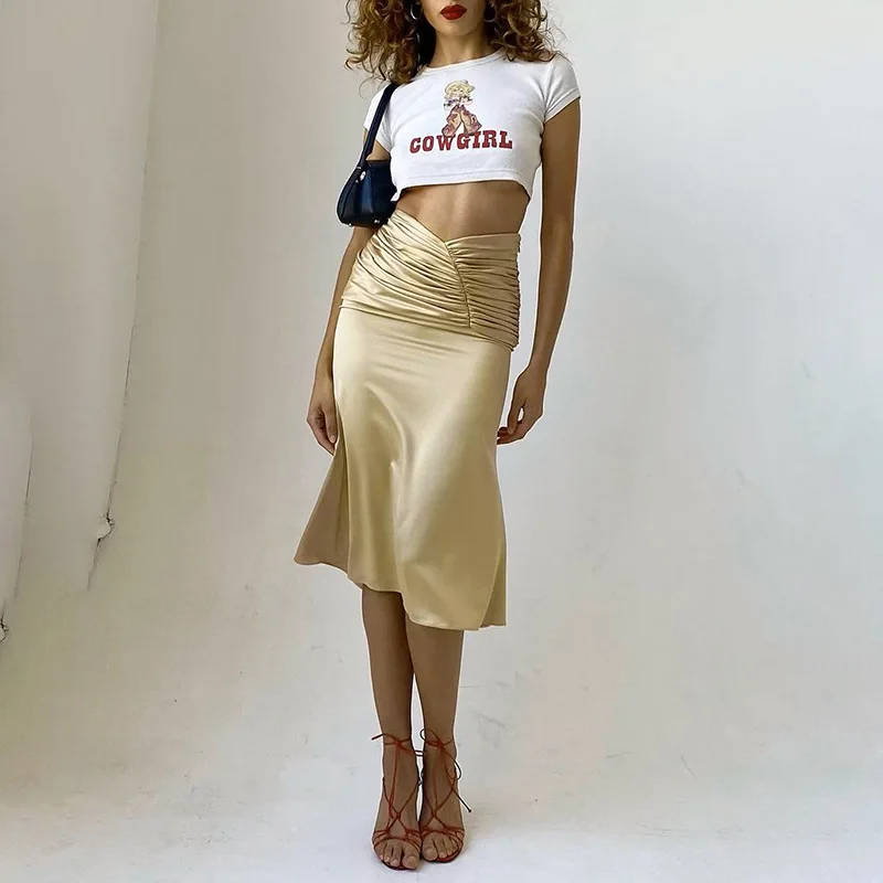 

2021 Women New Ruched Solid High Waist ApricotSkirt Ruffles Straight Skirt Women Spring New Elegant Streetwear Party Outfits