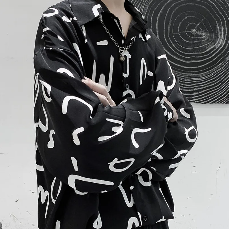 

Autumn Korean Casual Shirt Men's Fashion Letter Dress Shirts Mens Streetwear Society Men Shirts Wild Loose Long-sleeved Shirt