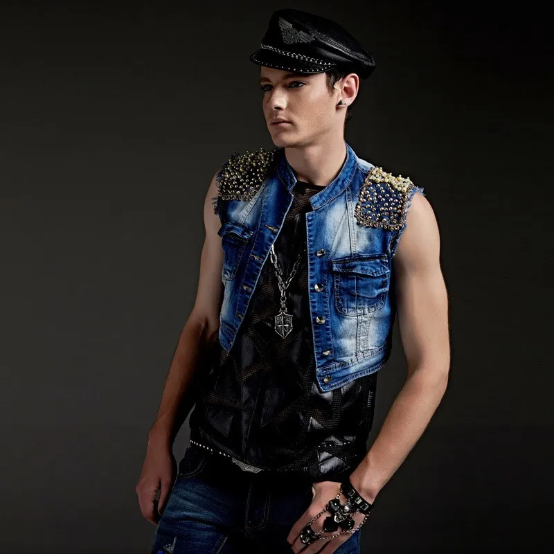 

Punk Rock Embroidered Flares Rivet Mens Short Denim Waistcoats Harajuka Slim Fit Stand Collar Sleeveless Male Costumes Vests