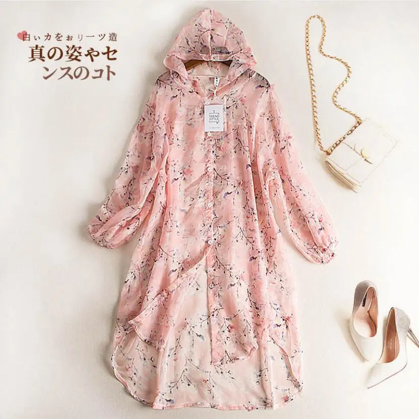 

Chiffon Sun Protection Blouse Flower Hooded Cardigan 2020 Women's Summer Beach Style Medium-long Shirt Blusas