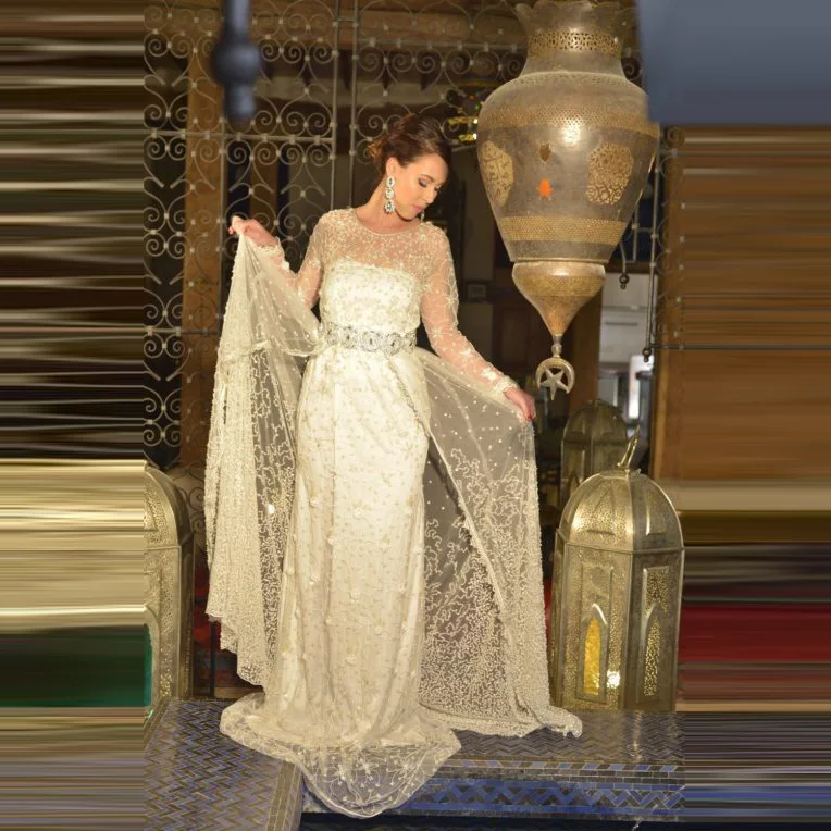 

Beige Lace Tulle A-Line Moroccan Kaftan Evening Dress See Thru Long Sleeves Applique Beading Saudi Arabic Prom Gowns Plus Size