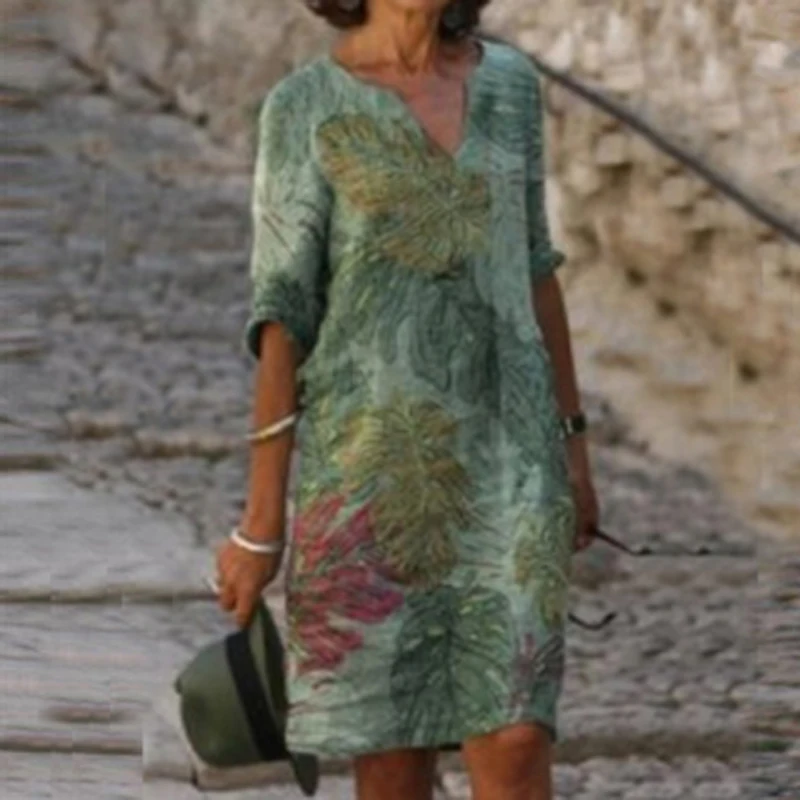 

Vintage Leaves Printed Women Party Dress 2021 Spring Half Sleeve Elegant Office Lady Dress Summer V Neck A-Line Mini Dresses 5XL