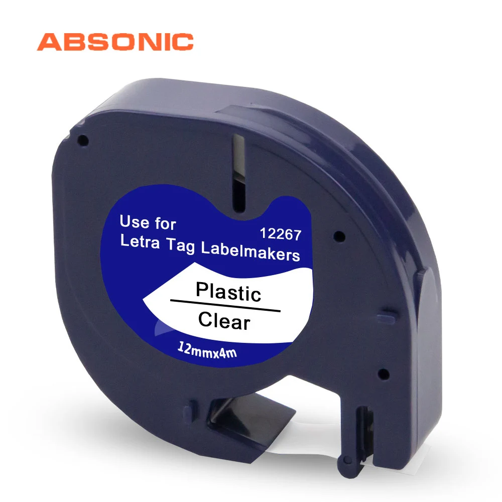 Absonic 12 мм пластик 12267 черный на прозрачный для картриджа этикетки кассета Dymo Letratag
