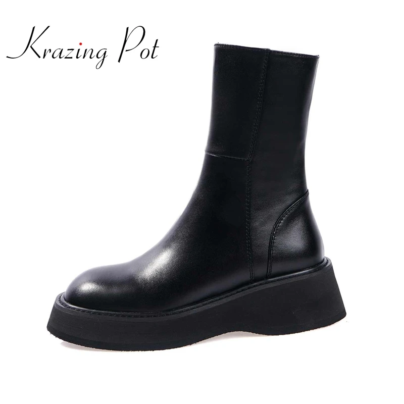 

krazing pot new European style genuine leather round toe thick bottom increased young lady daily wear classic mid-calf boots L66