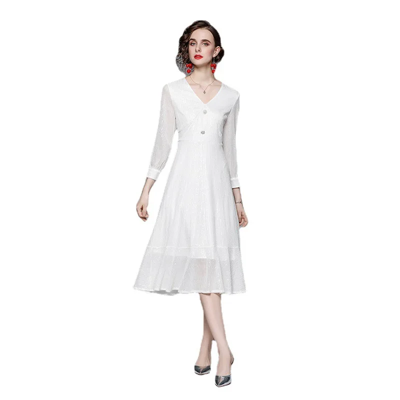 

Gezelligheid Dresses For Women 2021 Spring Autumn Runway Fashion Elegant Casual Long Sleeve V Neck Solid White Black Midi Dress