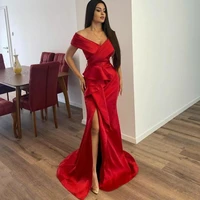 sexy red v neck mermaid evening dress 2021 off the shoulder side split sashes satin formal prom gowns for women robes de soir%c3%a9e