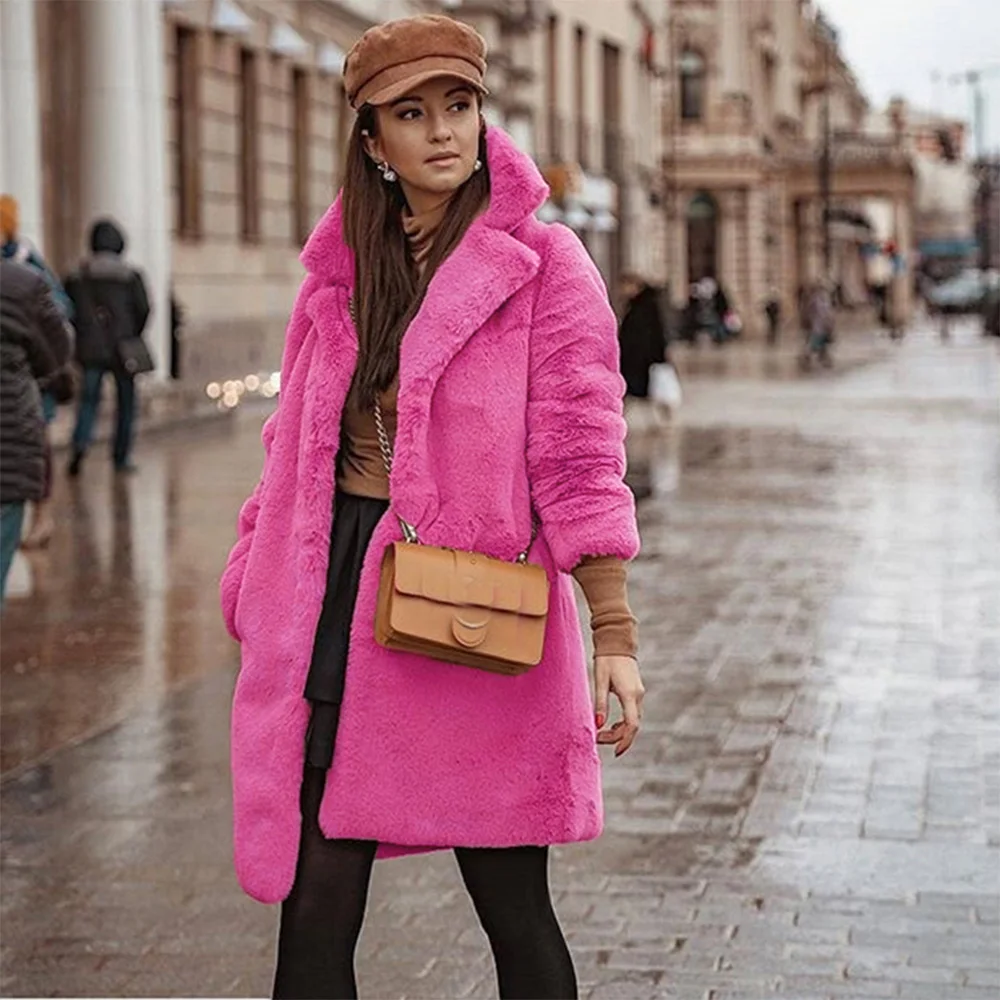 Faux Fur Coat Woman Winter Thicken Fluorescent Pink Long Coats 2019 Fashion Lady Teddy Outerwear fourrure femme D25 |
