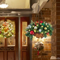 hot sale pre lit artificial christmas hanging basket mixed decorations led lights frosted berries merry christmas decorations