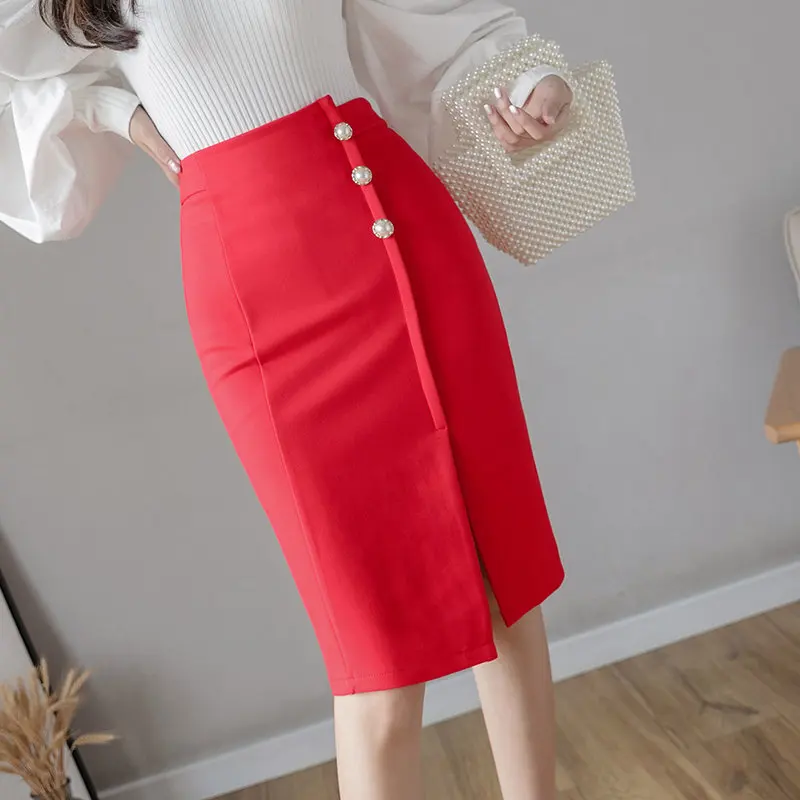 

Stretch high waist bag hips skirt women mid-length slim split skirt wedding ceremony festive long skirts office lady clothes