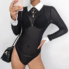 Сексуальное черное Сетчатое боди SHEIN, прозрачное женское облегающее боди с длинным рукавом, короткие комбинезоны для вечерние НКИ, клуба, боди, Женский Топ