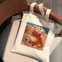 women canvas tote bag with zipper closure fashion animal cartoon dinosaur print shopping bag unisex shoulder bag reuse foldable