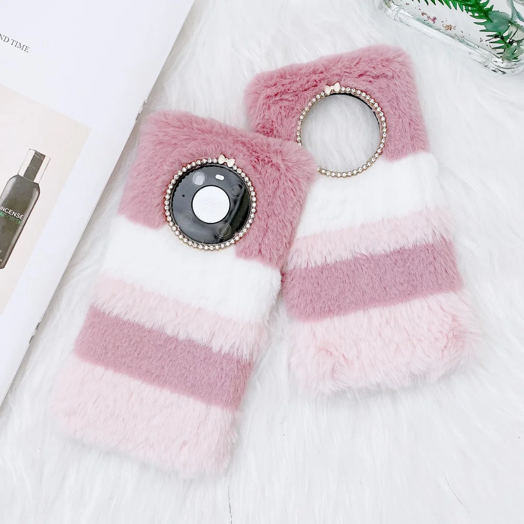

Stripe Plush Case For Huawei Nova 8 7 6 SE Pro Mate 40 30 P40 P30 Pro Magic Fluffy Fur Warm Cover