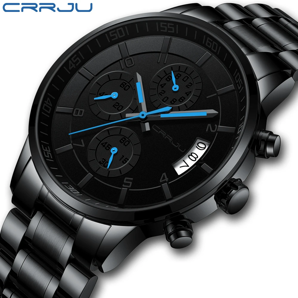 Мужские часы CRRJU мужские с хронографом Роскошные водонепроницаемые модные синие