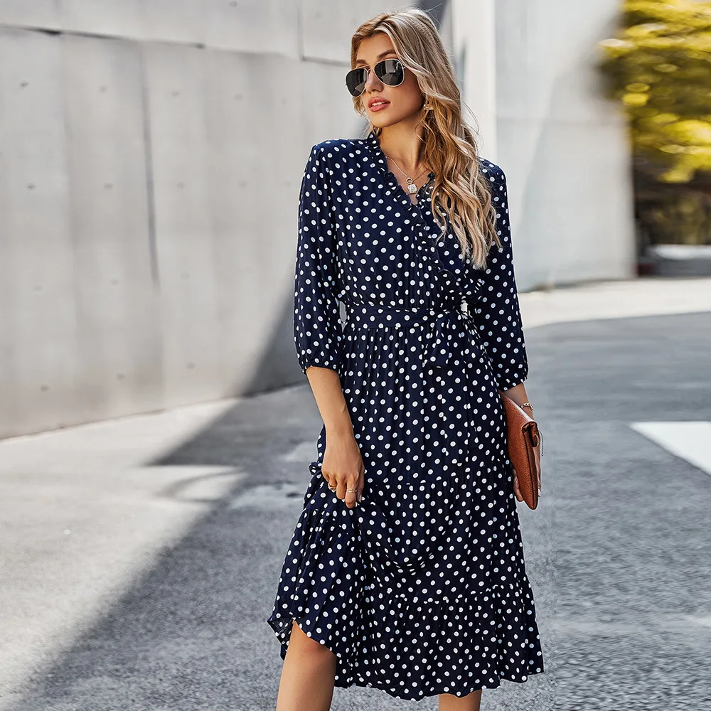 

Women's Spring/summer 2021 European and American Explosions Classic Polka-dot V-neck Printed Seven-point Sleeve Dress Women