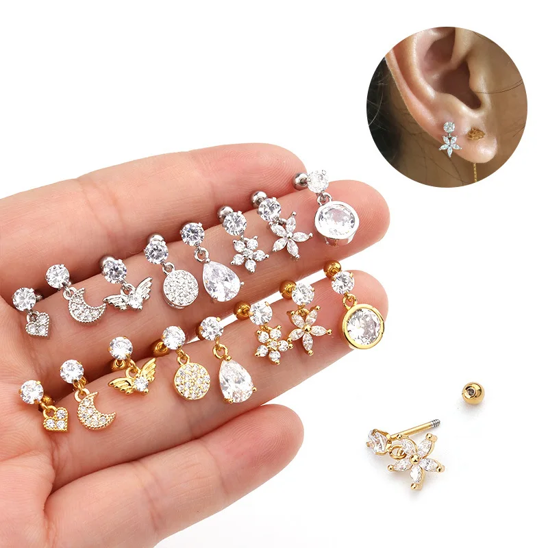 

New Flower Pendant Earrings Stainless Steel Threaded Ear Bone Stud Foreign Trade Zircon Cartilage Puncture Ornament