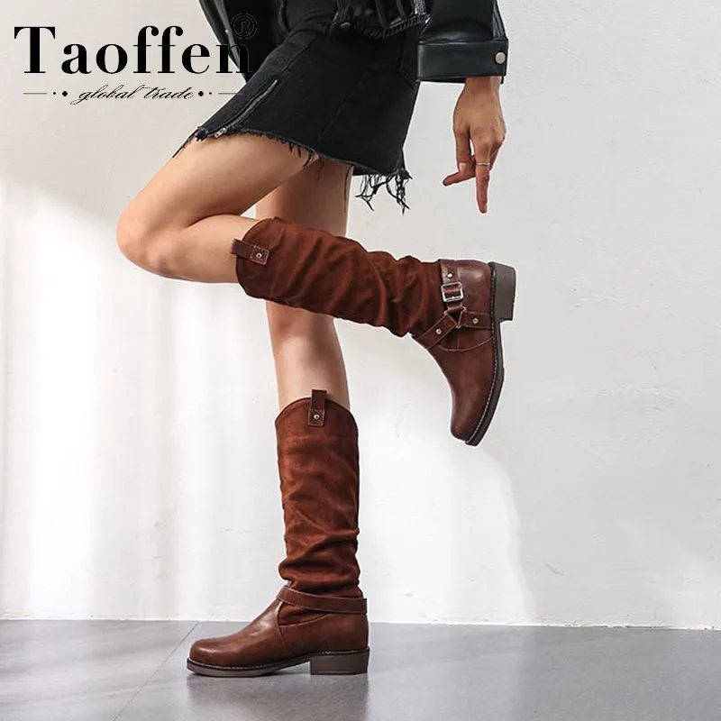 Taoffen размер 34-48, модные Для женщин модная зимняя одежда с заклепками; ботинки до середины икры женские офисные рабочие клуб на открытом воздухе черная обувь женская обувь