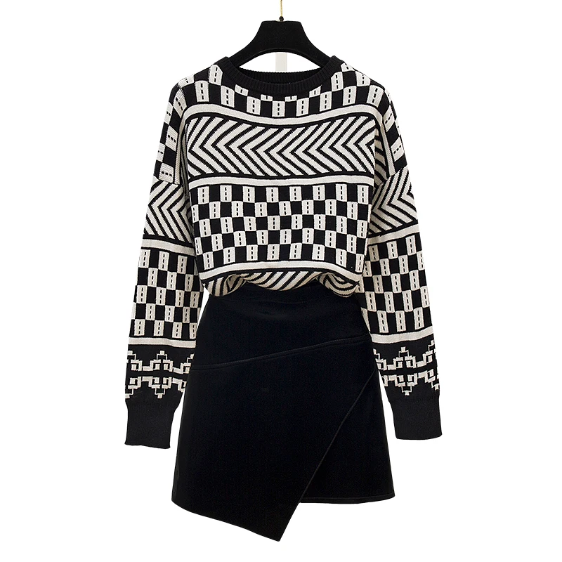 

Knitting Skirt Suits New Winter Knitting Patterns Languid Sweater PU Irregular Leather Skirts Women 2 Pcs Clothing Set Outfit