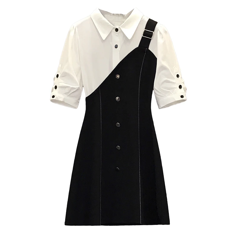 

New Hit 2021 Summer Korean Style Dress For Women Short Sleeves Shirt White And Black Patchwork A- Line Dresses Female Clothing