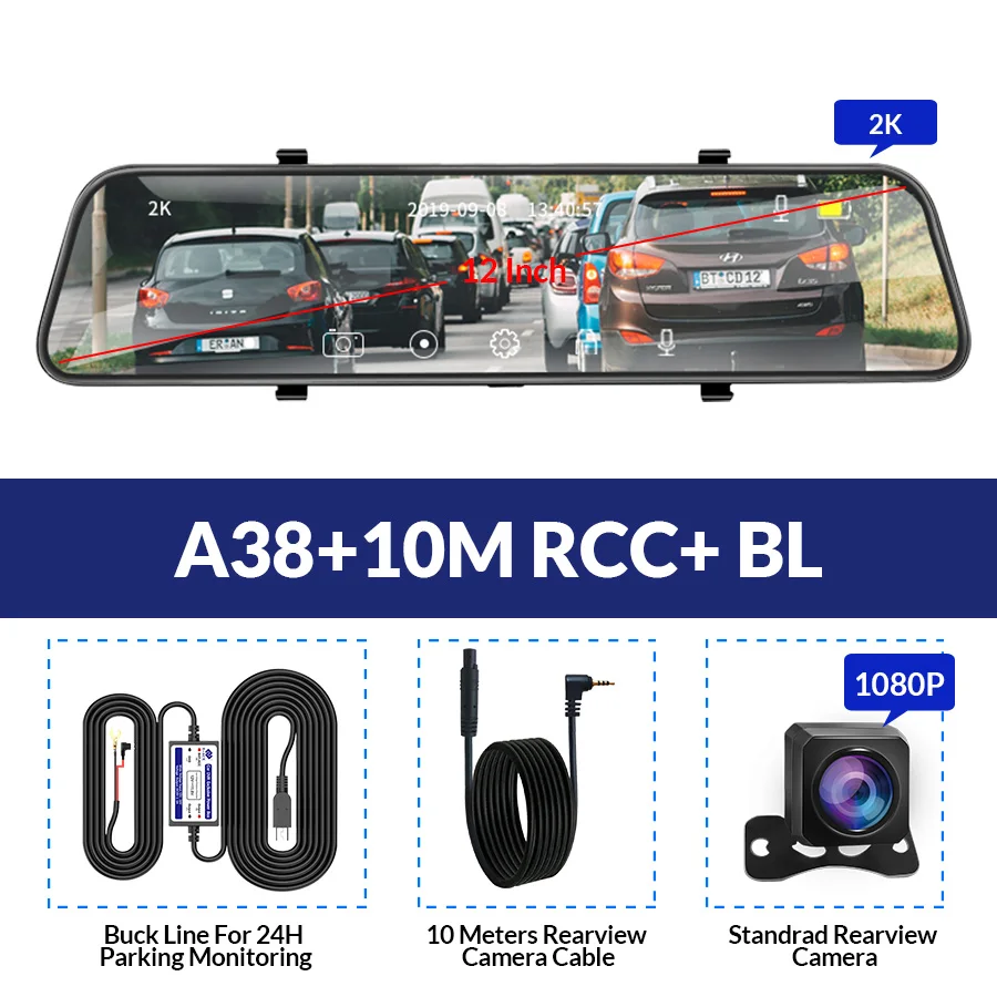 A38-10M RCC-BL E-ACE Автомобильный видеорегистратор FHD поток медиа зеркало заднего вида 2K+ 1080P видео рекордер двойной объектив тире камера с камерой заднего вида Регистратор - Название цвета: A38-10M RCC-BL