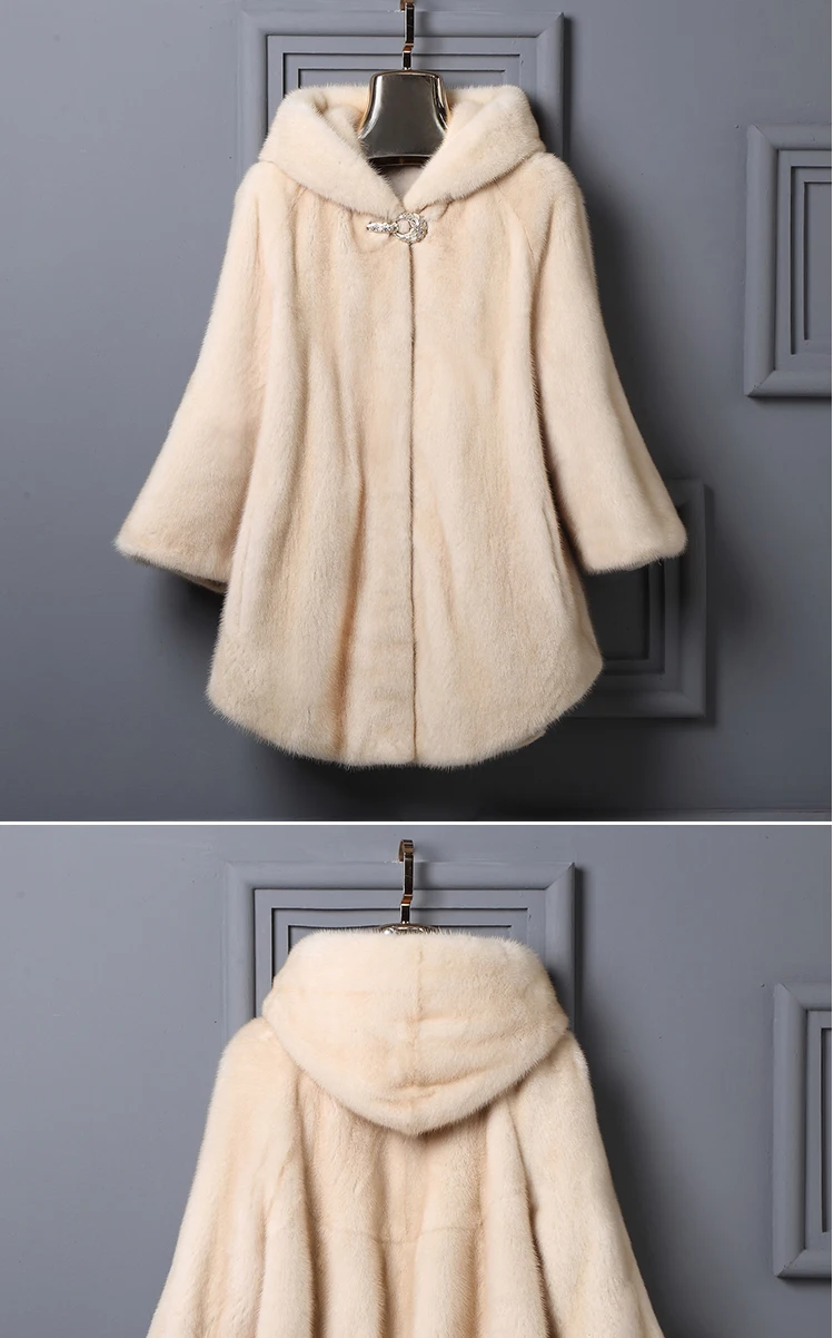 new autumn and winter Haining imported fur women's hooded tidy long section mink coat mink jacket