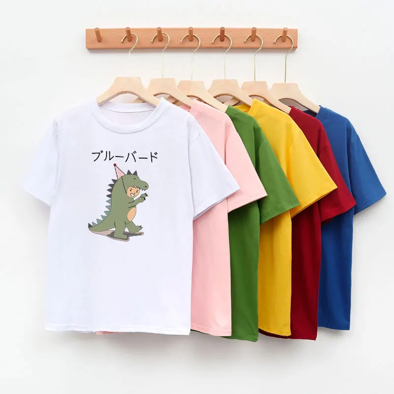 

Print Japanese Dinosaur Graphic T Shirts Femme 11 Colors Cute Femme T-shirts White Pink Black Oversized Summer T Shirt Women