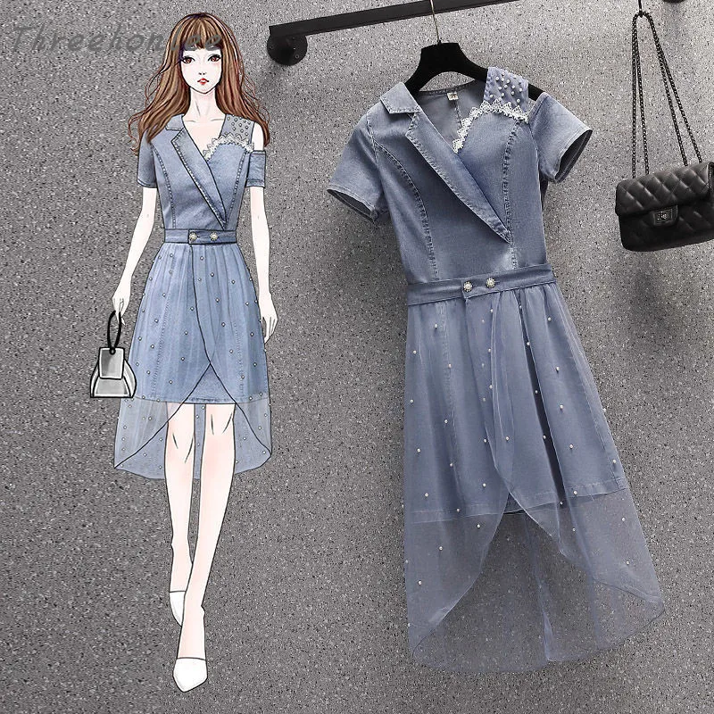 

Summer 2021 New Plus Size Women's Denim Dress Temperament Korean Fashion Age Reducing Mesh Patchwork Denim Dress