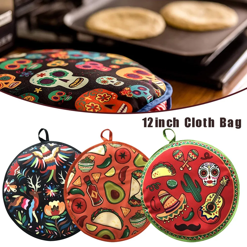 

12inch Cloth Bag Burrito Portable Tortilla Warmer Pouch Home For Microwave Restaurant Food Pancake Heat Resistant Printed Flour