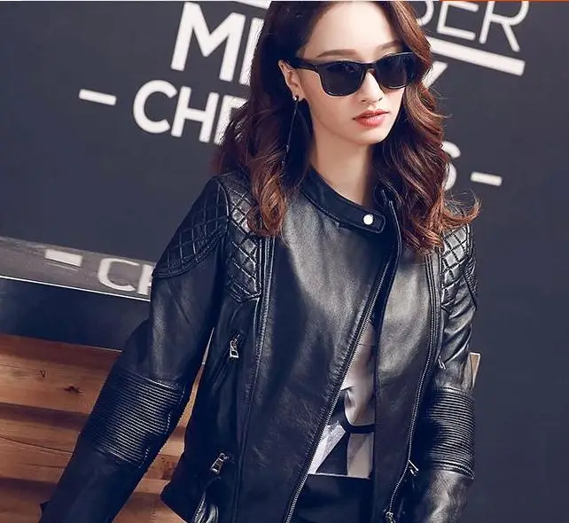 shipping,Brand new Free black style Genuine leather womens jackets.Asian size female 100% sheepskin casual jacket,sales.