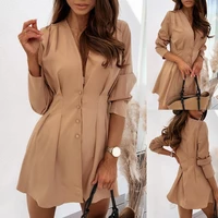 long sleeve women mini dress tight solid color deep v neck buttons waist office dress