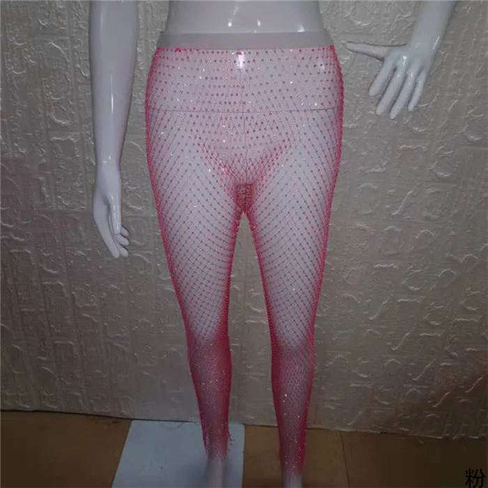 Pink Ажурные блестящие стразы, прозрачные Лоскутные Длинные штаны, Летние черные белые сексуальные женские облегающие Клубные вечерние Брюки - Color: Pink