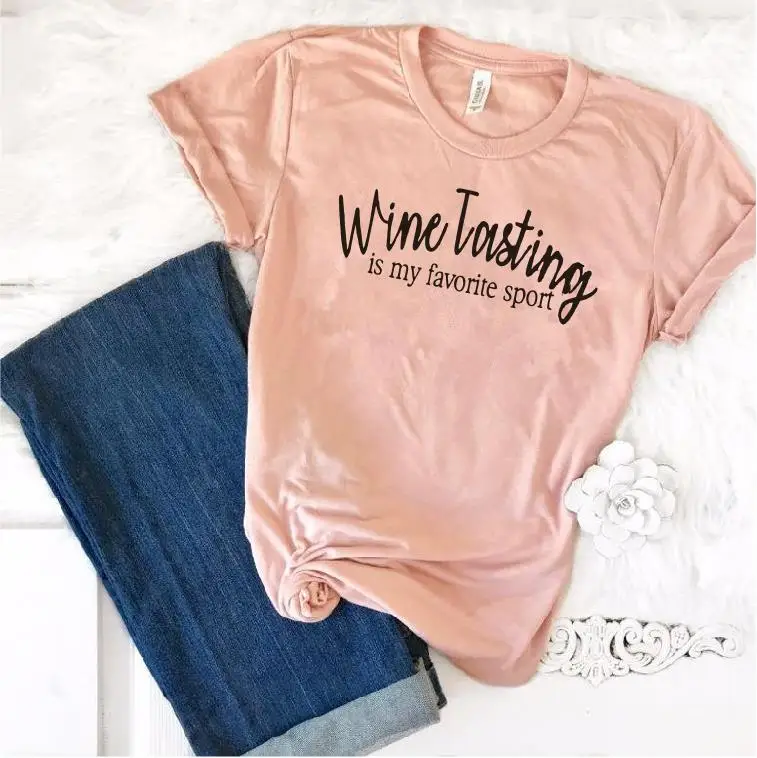 peach t black words Дегустация вина-это моя любимая Спортивная футболка Winery Tour Lover, женская модная повседневная футболка с коротким рукавом, большие размеры, Прямая поставка - Цвет: peach t black words