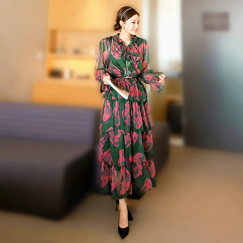 

Korea Ladies Long Sleeve Floral Printed Party Dresses For Women Boho Style Woman Elegant Ruffles Dress Women Vestido Robe SL134