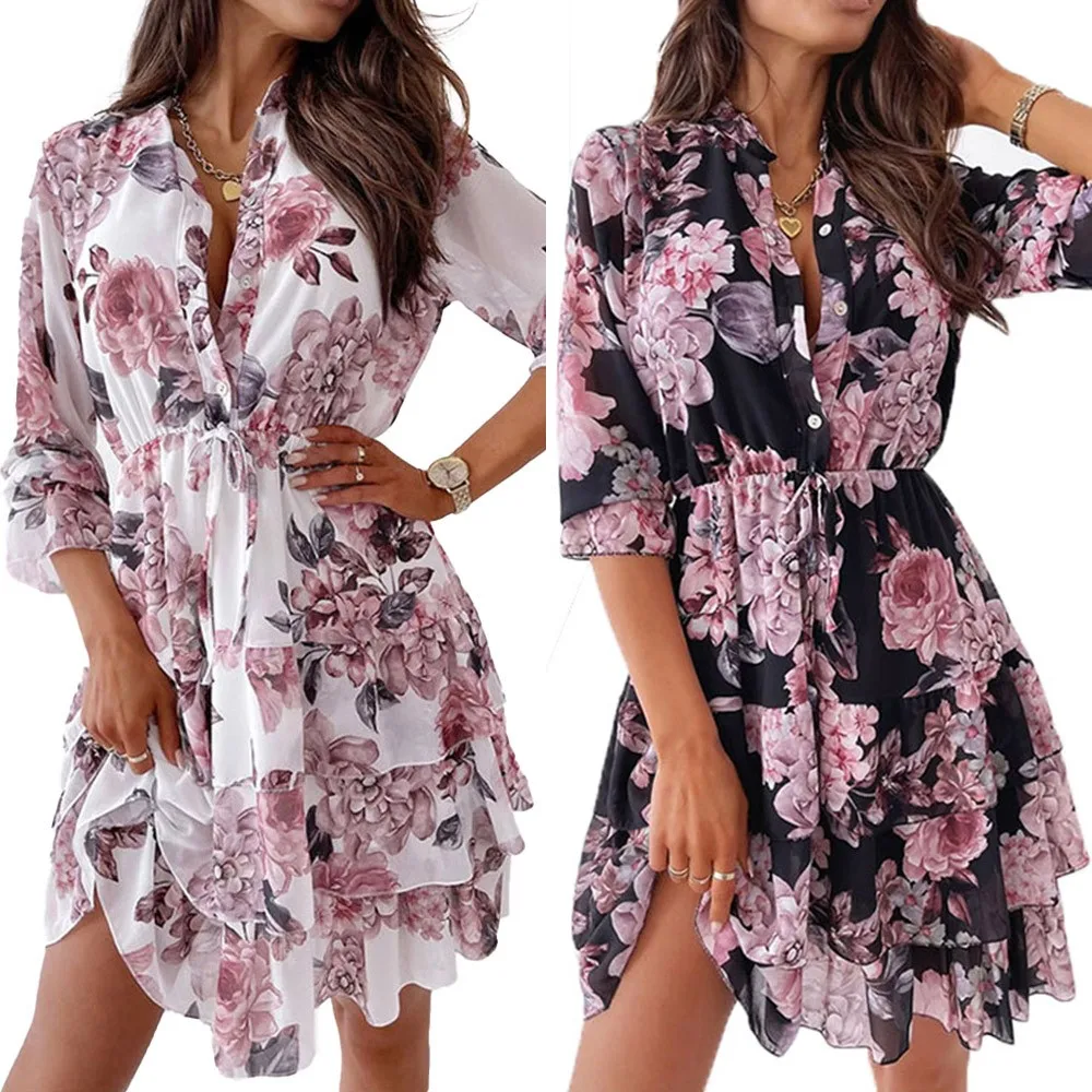 

Oversize Women French Elegant Floral Print Ruffle Dress Bohemian Half Sleeve Office OL A-line Skirt Beach Party Dating Wear Suit