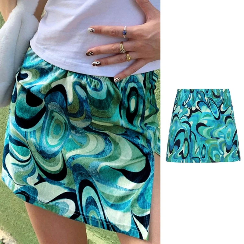 

2021 New Women Sexy Elastic High Waist Side Split Harajuku Swirl Pattern Print Mini Skirt