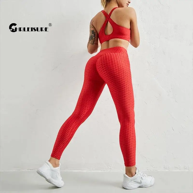 

CHRLEISURE 3 Piece Yoga Set Fitness Anti Cellulite Gym Suits High Waist Leggings Shorts Push Up Tank Bra Sports Set Tracksuit